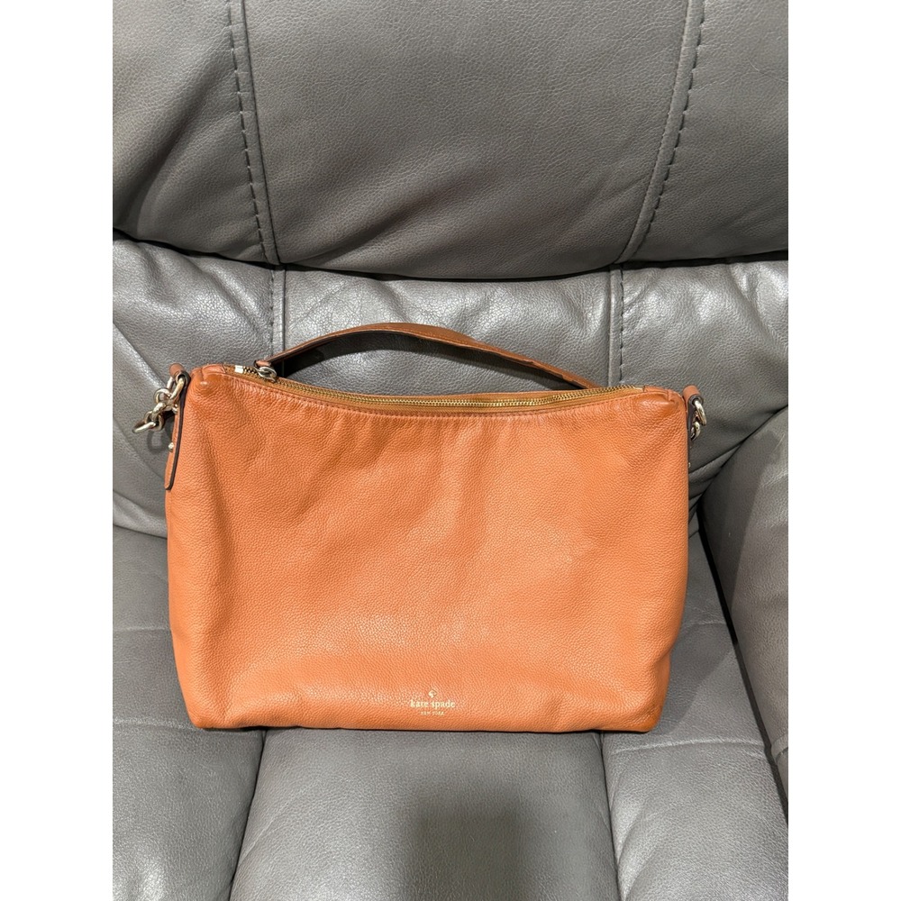 Kate Spade New York Pebbled Leather Hobo Shoulder Bag Cognac Brown Gold Hardware